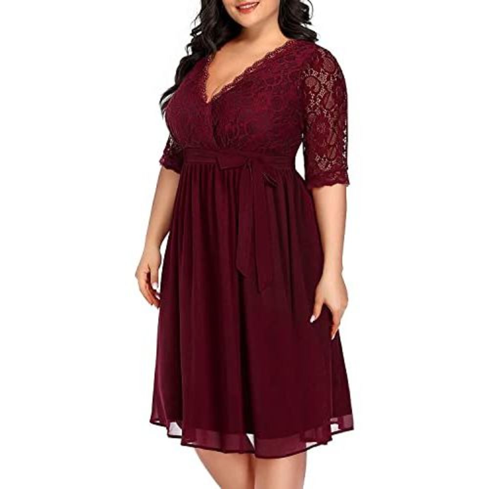 Pinup Fashion Plus Size Cocktail Dresses Women Burgundy Red Lace Top Chiffon